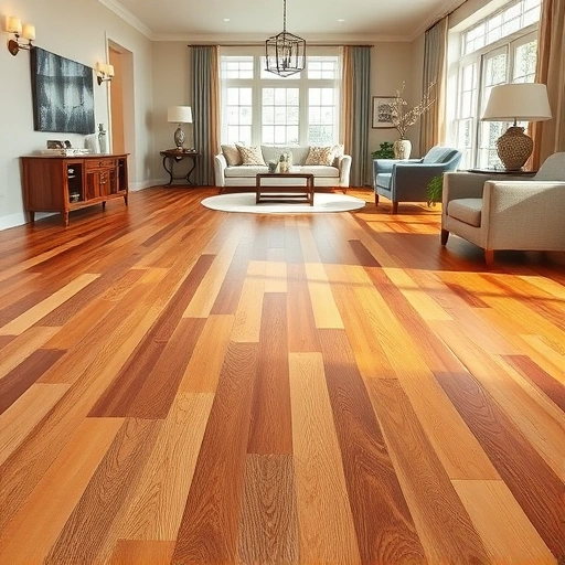 Completed hardwood flooring installation in Howell MI with rich tones, polished finish, and contemporary decor.