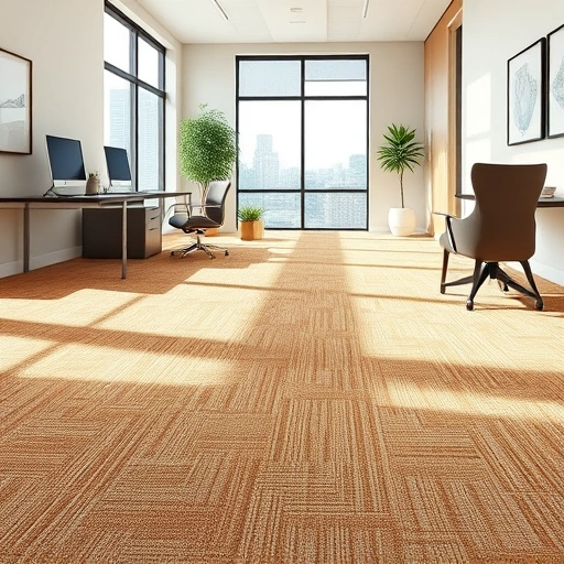 Completed carpet flooring installation in a modern office with textured warm-toned carpet and elegant furniture.