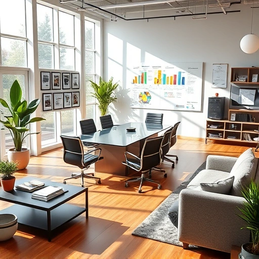 Modern Project Management office in Ann Arbor with sleek furniture, tech, and bright natural light, no people present.