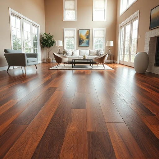 Stunning hardwood floor installation in a spacious, well-lit room with contemporary furniture and polished finish.
