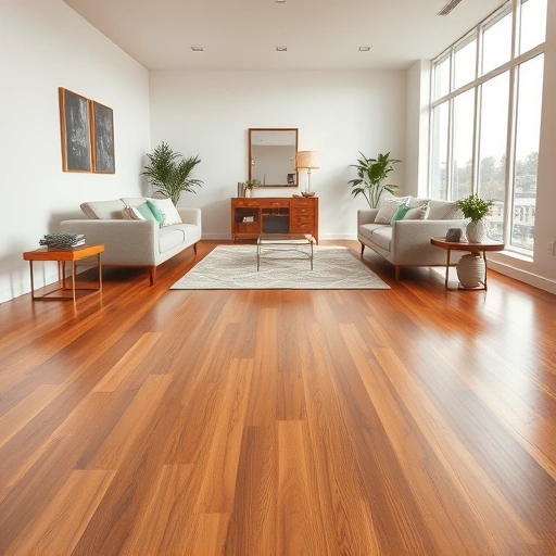 Polished hardwood floor installation in modern Auburn Hills room with minimalist furniture and natural light.