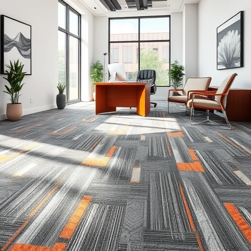 Completed carpet flooring installation in a modern office with rich textures, vibrant colors, and sleek furniture.