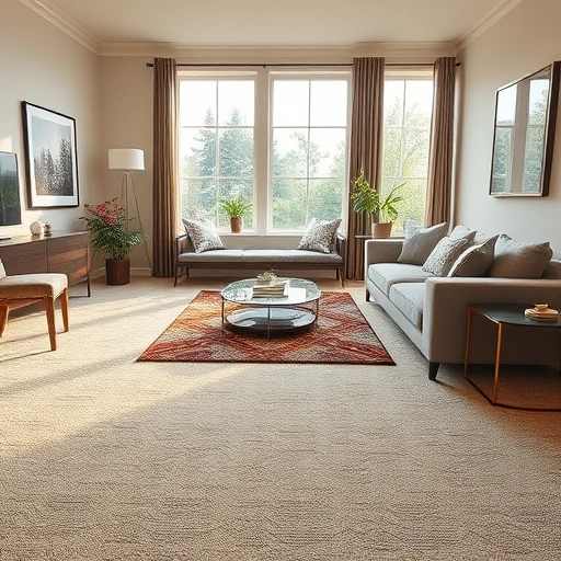 Luxurious living room in Brighton MI with plush beige carpet, elegant decor, natural light, and contemporary furniture.