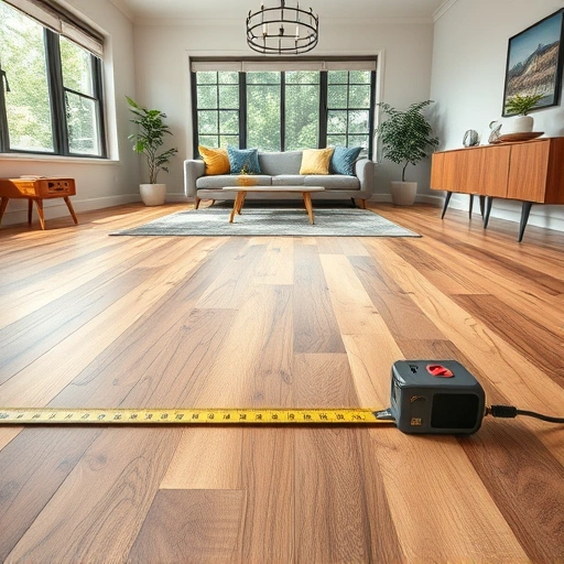 Detailed hardwood flooring measurement in a modern Ann Arbor room with measuring tools and natural light.