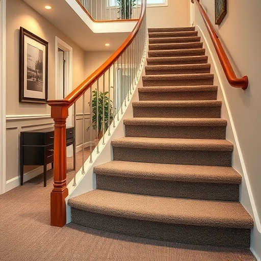 Carpet stair installation in Ann Arbor with plush carpet, elegant curves, polished wood railing, and serene decor.