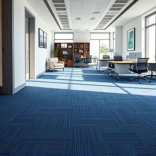 Completed carpet installation in modern Canton MI office, featuring deep blue patterns and elegant furniture setup.