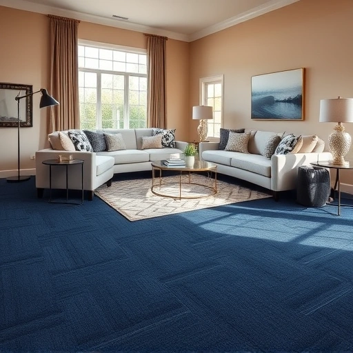 Completed carpet installation in Scio Township MI featuring navy blue geometric patterns in a modern living room.