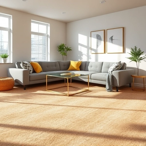 Modern living room in Northville MI featuring plush neutral carpet, stylish furniture, and natural light ambiance.
