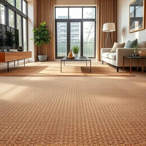 Plush carpet flooring installation in Livonia MI showcases warm tones and modern decor in a cozy living space.