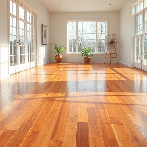 Spacious room in Ann Arbor with polished hardwood flooring, large windows, and serene minimalist decor.