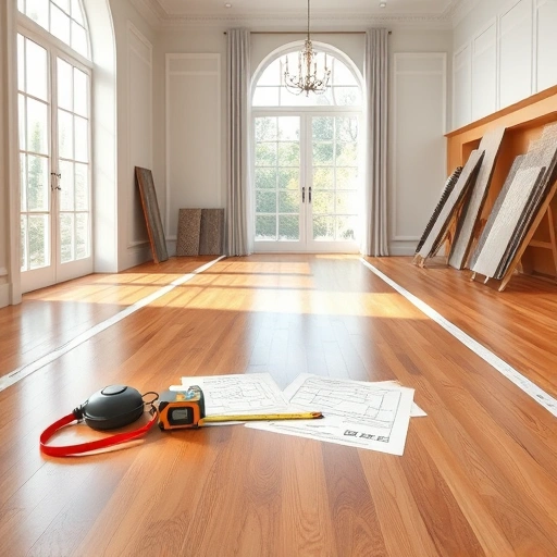 Spacious interior in Ann Arbor with polished hardwood floors, precise measurements, and organized flooring samples.
