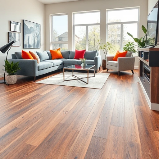 Luxury Vinyl Tile flooring in a modern living room with natural light, contemporary decor, and rich textures in Ann Arbor.