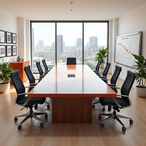 Modern project management office in Ann Arbor with polished wood conference table and natural light from large windows.