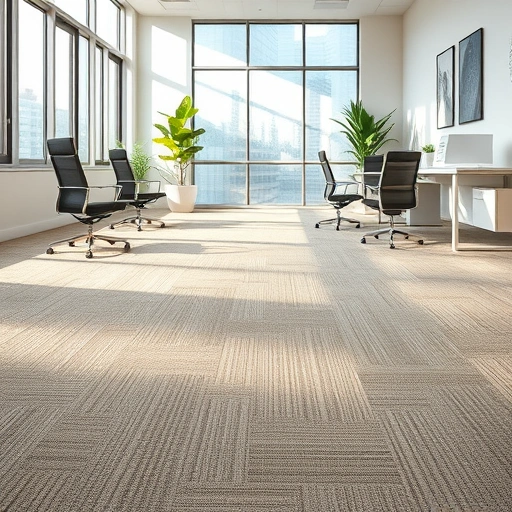 Completed carpet tile installation in a modern Ann Arbor office, featuring muted earth tones and sleek furniture.