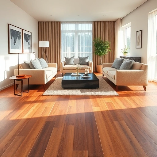 Completed laminate flooring installation in a modern living room with warm wood tones and stylish furniture in Ann Arbor MI
