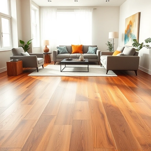 Completed laminate flooring in a modern living room with sleek furniture and warm lighting enhances the inviting atmosphere.
