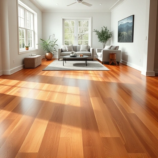Stunning hardwood flooring in Farmington MI with warm tones, glossy finish, and elegant baseboards in a modern interior.