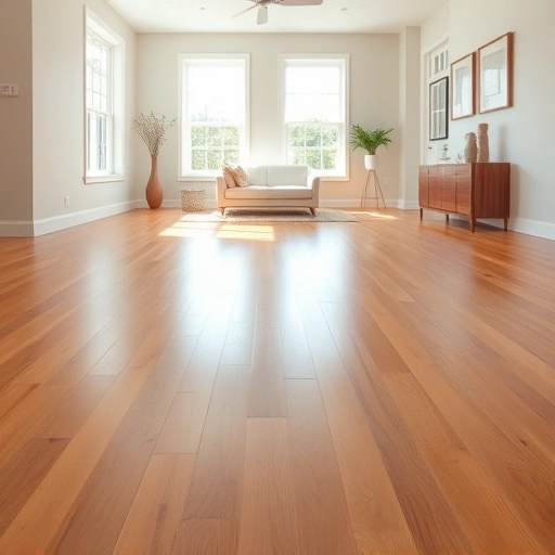 Spacious room with glossy oak hardwood floor and minimalist decor, large windows, and a cozy rug.