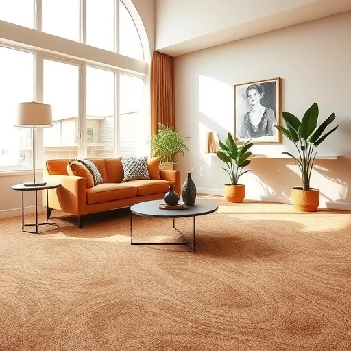 Carpet flooring installation in Chelsea MI featuring warm earth tones and elegant patterns in a cozy living room.