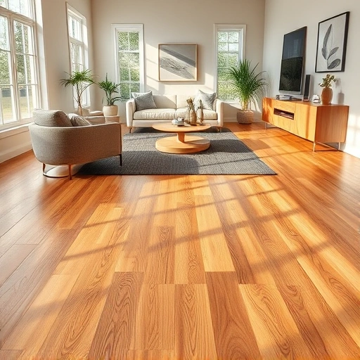 Completed flooring installation in Washtenaw County featuring warm oak and tile elements with minimalist decor.