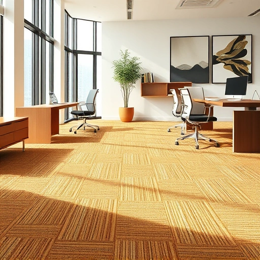 Completed carpet flooring installation in a modern office with textured patterns and inviting tones, well-lit and organized.