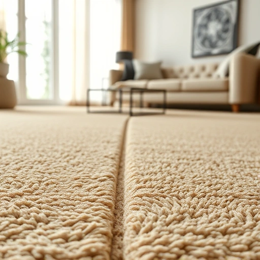 Carpet seam repair in Ann Arbor MI showcasing a seamless beige transition in a cozy modern living room setting.
