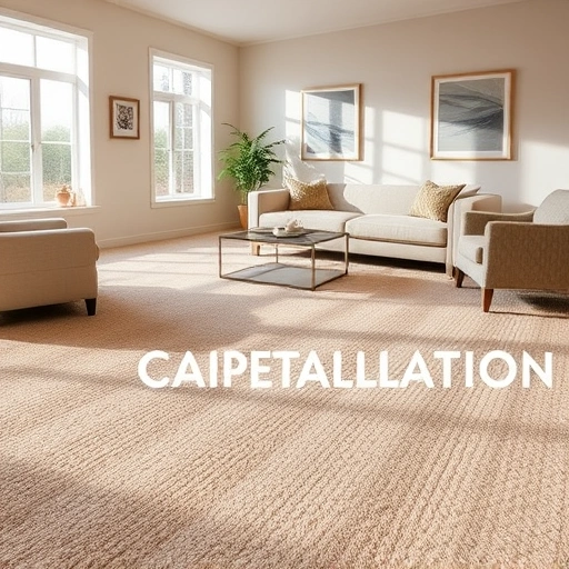 Completed carpet flooring installation in Howell MI featuring soft beige and warm taupe in a stylish living room.