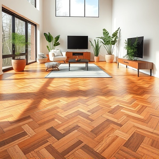 Elegant hardwood flooring in herringbone pattern enhances a stylish interior in Pittsfield Township, MI, filled with natural light.