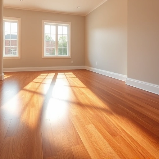 Spacious room with polished hardwood flooring, large windows, white baseboards, and a view of Ann Arbor architecture.