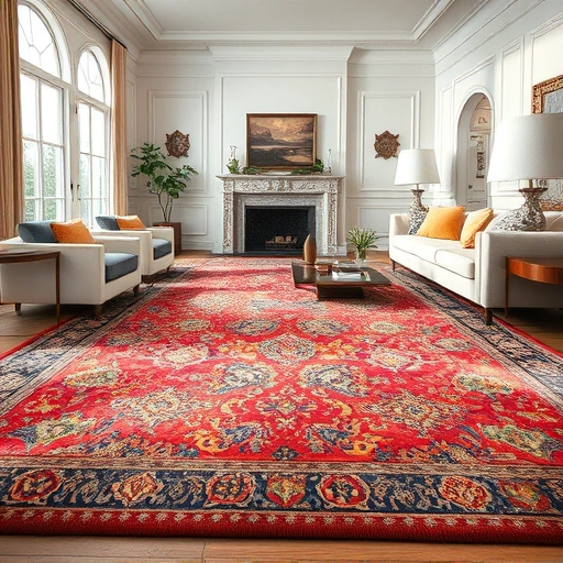 Carpet repair in Ann Arbor featuring a vibrant area rug restored in an elegant living room setting with natural light.