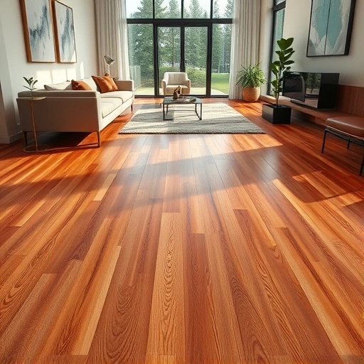 A beautifully installed hardwood floor in Auburn Hills, MI, showcasing rich tones and elegant decor in a welcoming room.