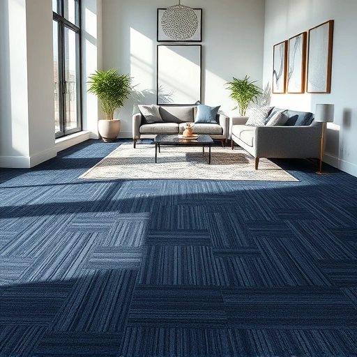 Completed navy blue carpet installation in Ypsilanti MI, featuring elegant walls, natural light, and a cozy decor.