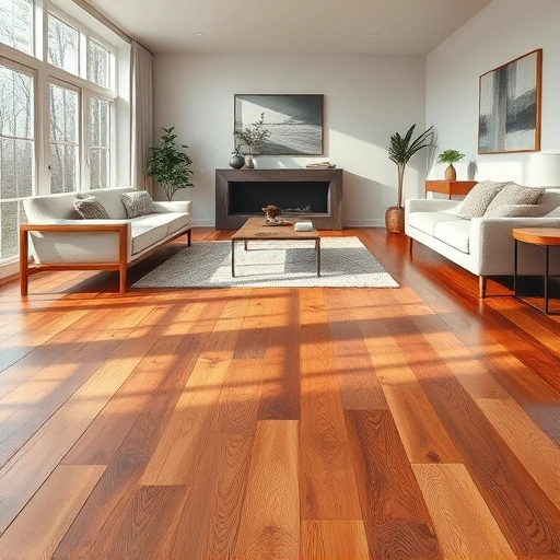 Stunning hardwood flooring installation in a modern Troy MI living space with warm tones and elegant furnishings.