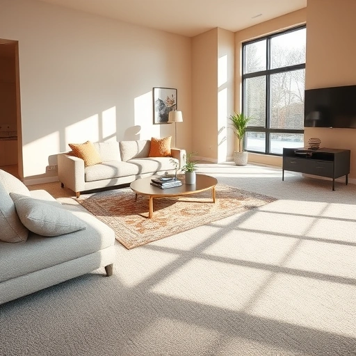 Spacious living room with plush carpet, modern decor, and sunlight enhancing the elegant design in South Lyon MI.