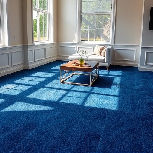 Completed carpet installation in Westland MI featuring deep blue patterns, modern decor, and natural light.