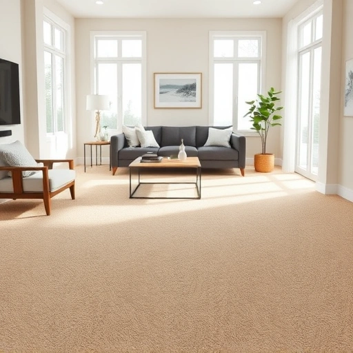 Modern living room in Northville MI featuring plush beige carpet, minimalist furniture, and natural light ambiance.