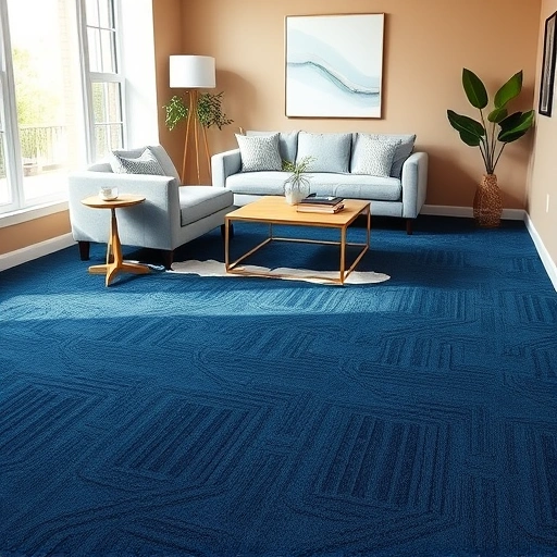 Completed carpet installation in a cozy living room featuring navy blue patterns, modern furniture, and natural light.