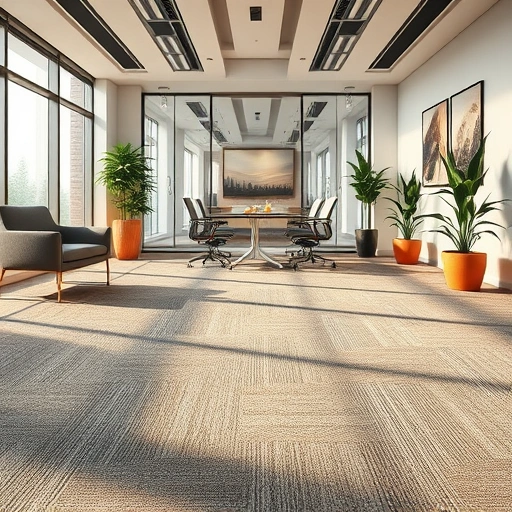 Completed carpet flooring installation in a modern office with geometric patterns, sleek furniture, and natural light.