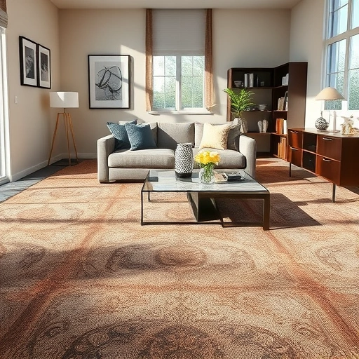 Stylish modern living room in Livonia MI with rich patterned carpet and natural light enhancing its elegance.