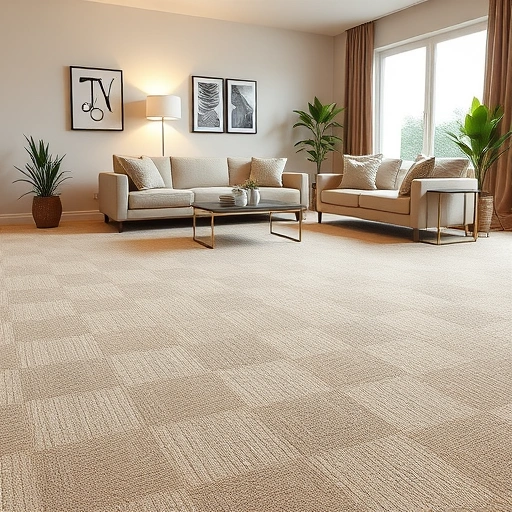 Modern living room in Waterford Township with plush beige carpet, minimalistic furniture, and natural light.