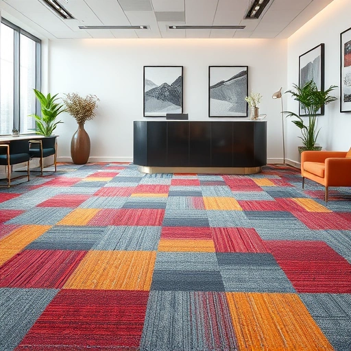 Carpet tile installation in Ann Arbor MI features colorful geometric patterns in a modern, stylish interior space.