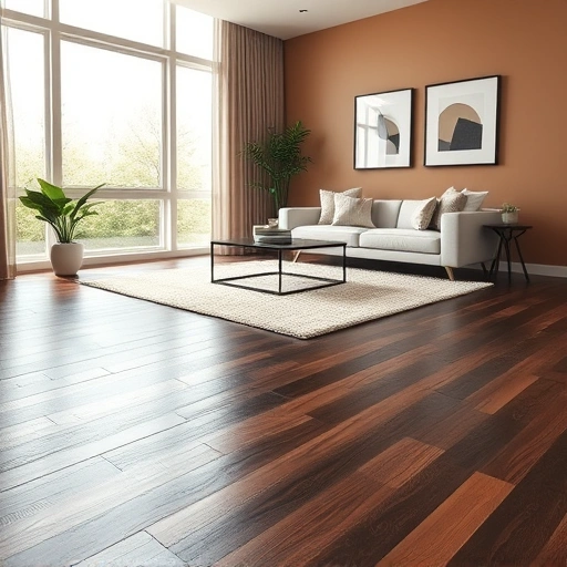 Modern living room in Royal Oak MI featuring dark hardwood flooring, minimalist furniture, and elegant decor.