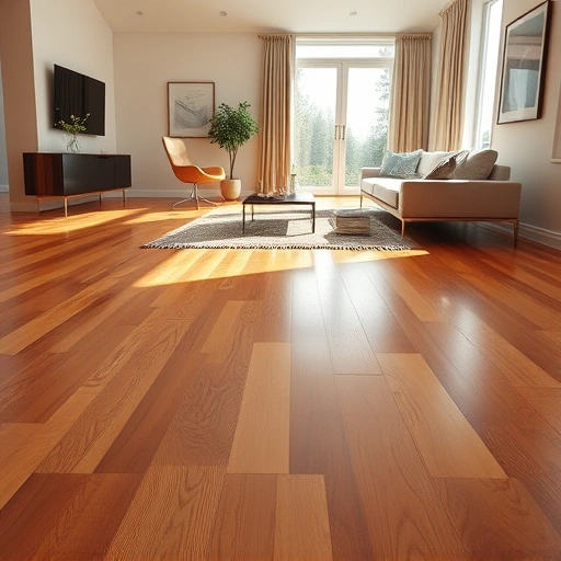 Completed hardwood flooring installation in Scio Township MI, featuring warm tones, glossy finish, and modern decor.