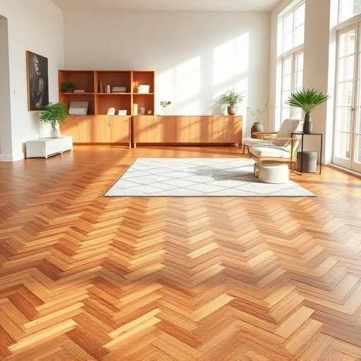 Stunning hardwood flooring installation in Howell MI featuring a herringbone pattern and warm natural tones.