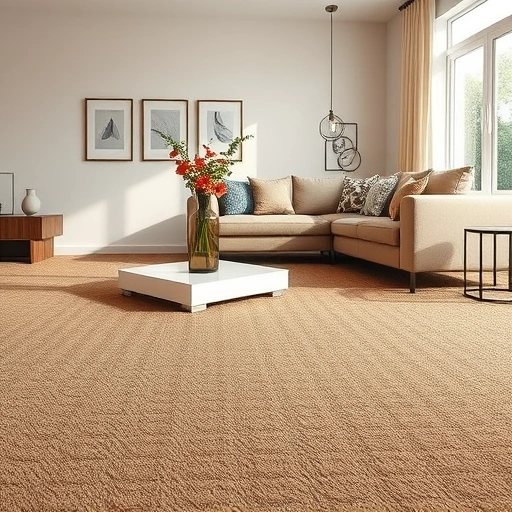Beautifully designed living room in Plymouth MI with rich patterned carpet, modern coffee table, and natural light.