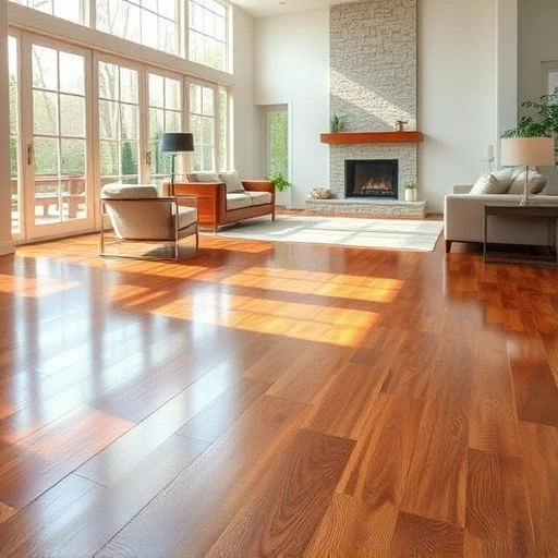 Spacious room in Ann Arbor with polished hardwood floors, natural light, cozy fireplace, and stylish furniture.