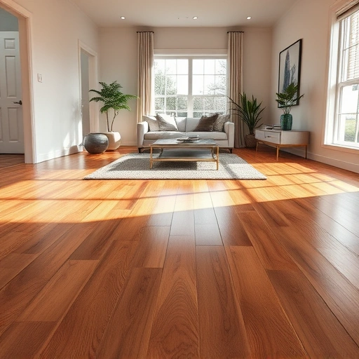 Completed hardwood flooring installation in Livonia MI with polished finish, modern furnishings, and ambient lighting.