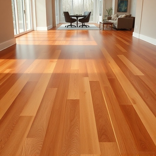 Beautiful hardwood flooring installation in Wixom MI with polished sheen and elegant baseboards in a stylish setting.
