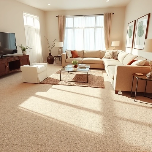 Spacious living room with plush beige carpet, elegant furniture, and natural light enhancing stylish decor.