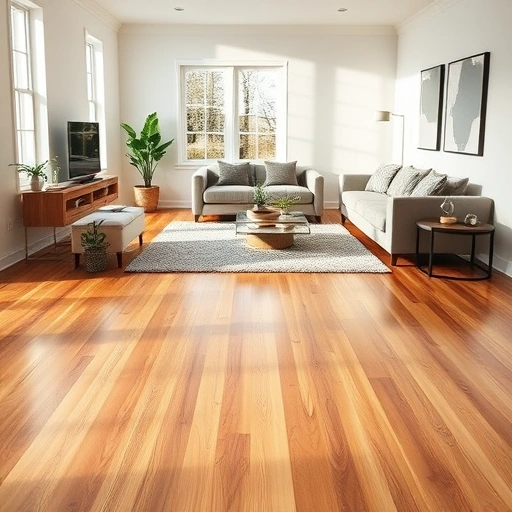 Completed laminate flooring in a modern living room with warm tones, stylish furniture, and natural light ambiance.